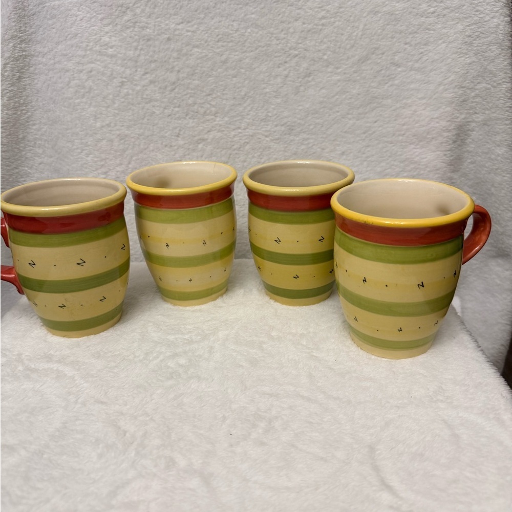 4/ Large Pfaltzgraff Pistoulet stone mug with a red handle Striped Mugs 12 OZ